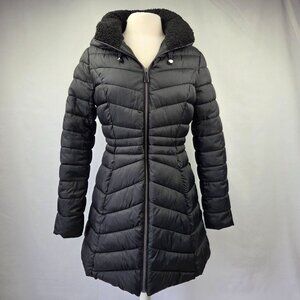 Laundry by Shelli Segal Hooded Puffer Coat With Faux Shearling Collar Black Size